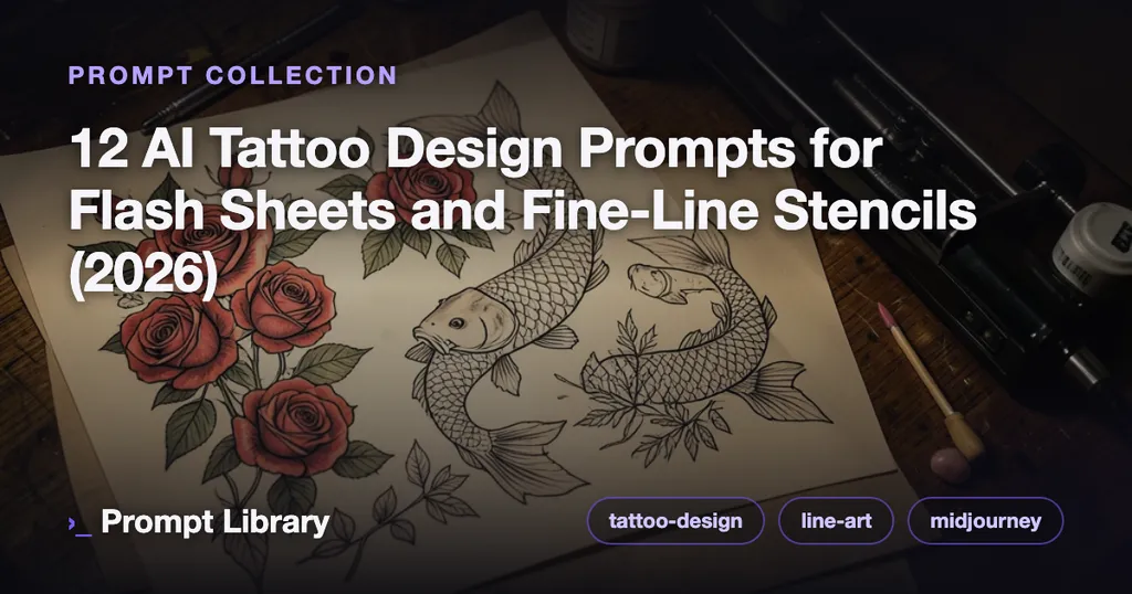 Cover for the prompt collection “12 AI Tattoo Design Prompts for Flash Sheets and…”, themed illustration with title overlay