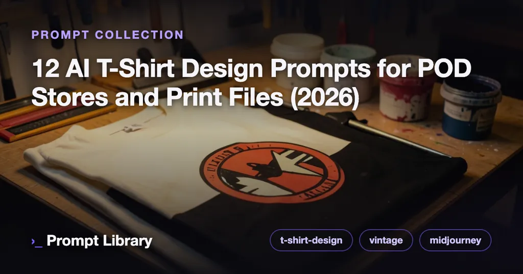 Cover for the prompt collection “12 AI T-Shirt Design Prompts for POD Stores and P…”, themed illustration with title overlay
