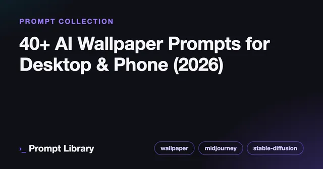 Branded cover card for the prompt collection “40+ AI Wallpaper Prompts for Desktop & Phone (…”, dark theme with iris accent