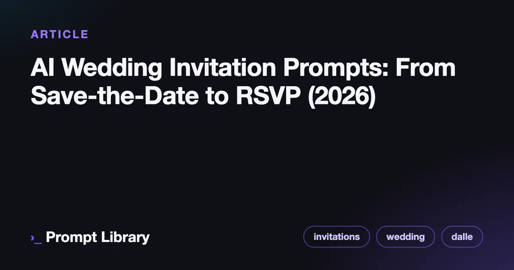 Branded cover card for the article “AI Wedding Invitation Prompts: From Save-the-Date to RS…”, dark theme with iris accent