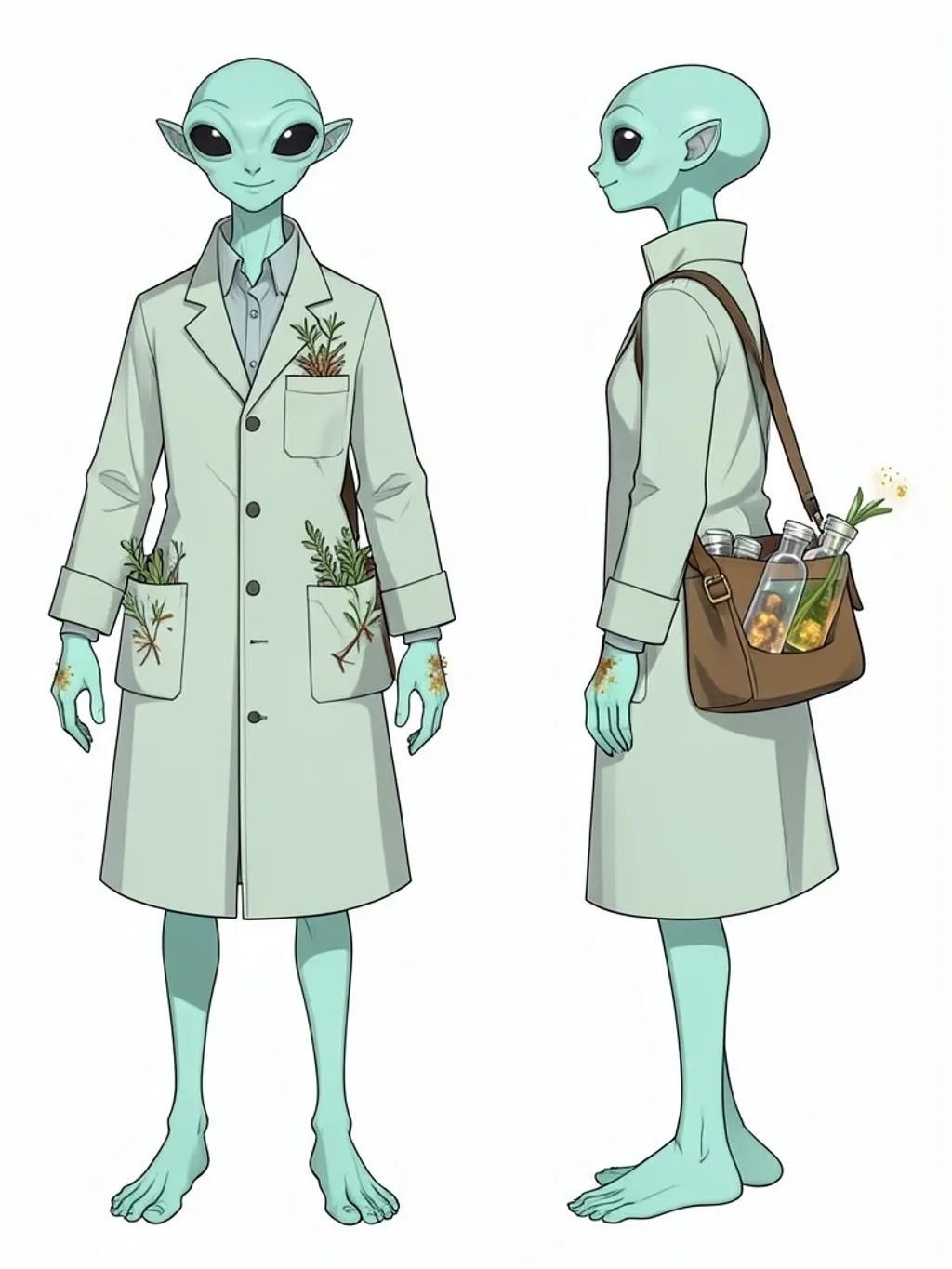 Alien botanist character sheet with front and side turnaround in sage cyan and amber lab coat