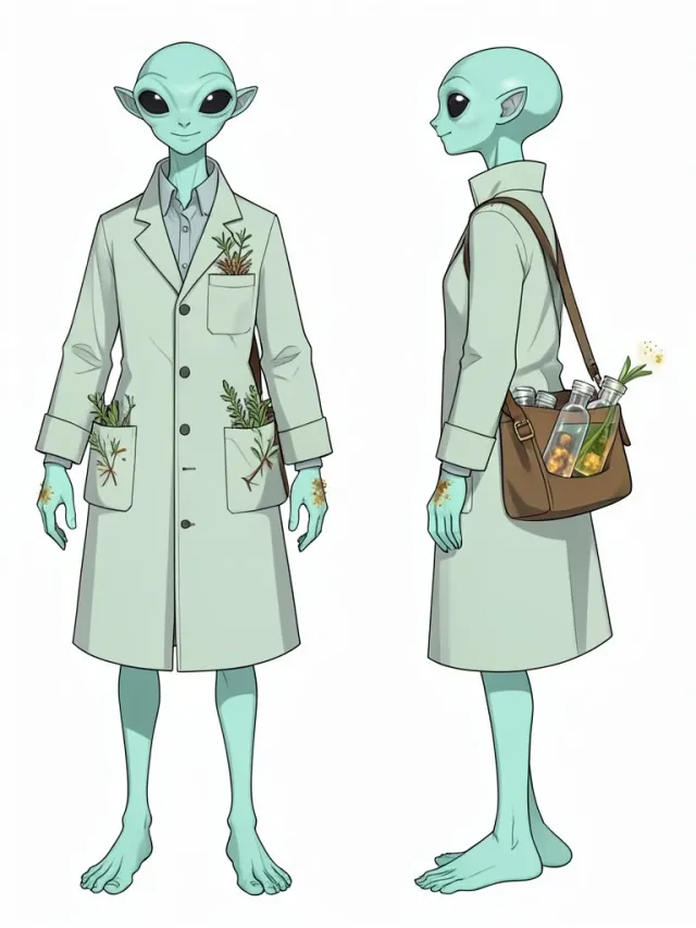Alien botanist character sheet with front and side turnaround in sage cyan and amber lab coat