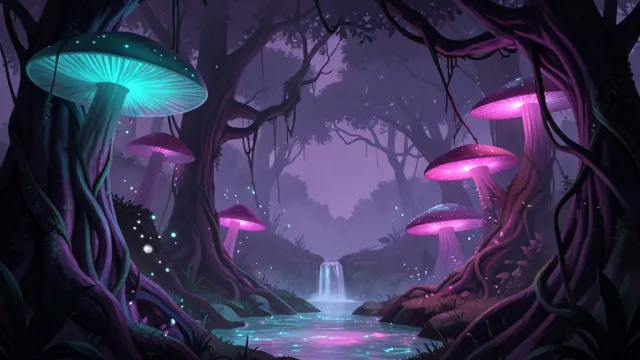 Alien jungle biome concept art with bioluminescent mushrooms and twisted purple trees in teal and magenta
