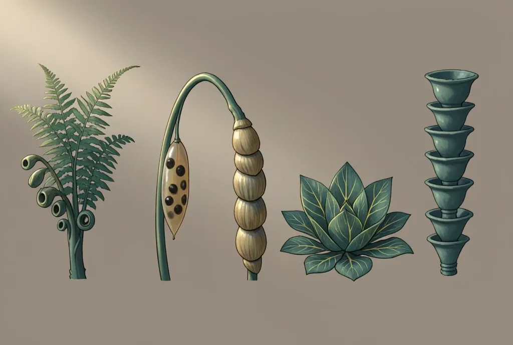 Concept sheet of five alien jungle plants in teal and ochre on a neutral grey background