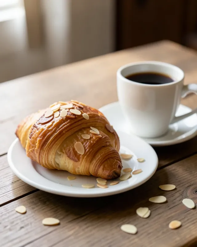 Golden almond croissant on a plate beside black coffee with scattered sliced almonds in morning light