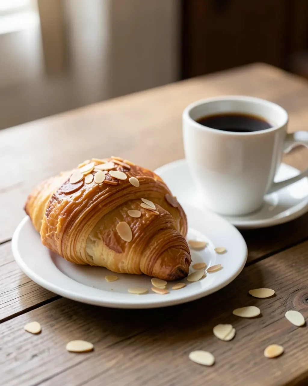 Golden almond croissant on a plate beside black coffee with scattered sliced almonds in morning light