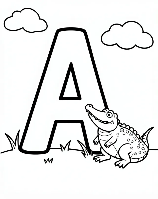 Alphabet animal coloring page with outlined letters and friendly creatures