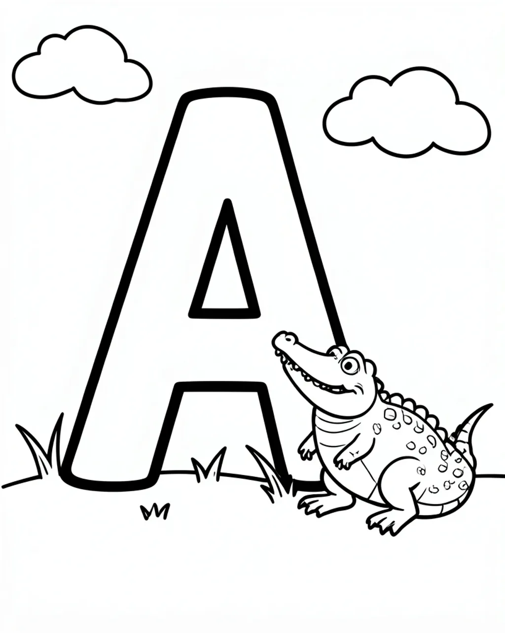 Alphabet animal coloring page with outlined letters and friendly creatures