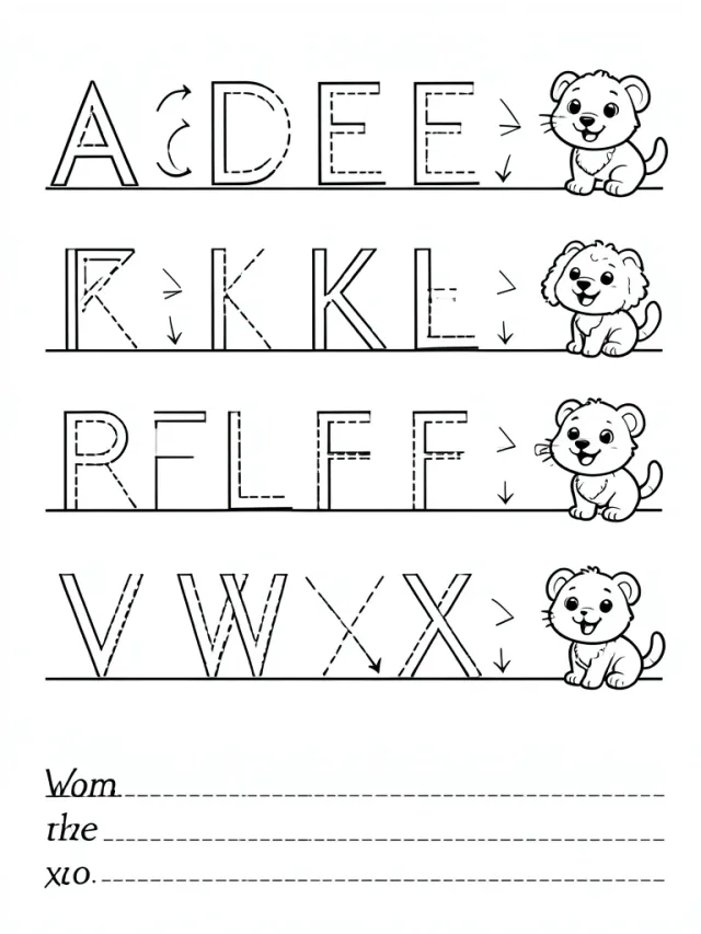 Black-and-white preschool alphabet tracing worksheet with dashed guide letters and small cartoon animal helpers