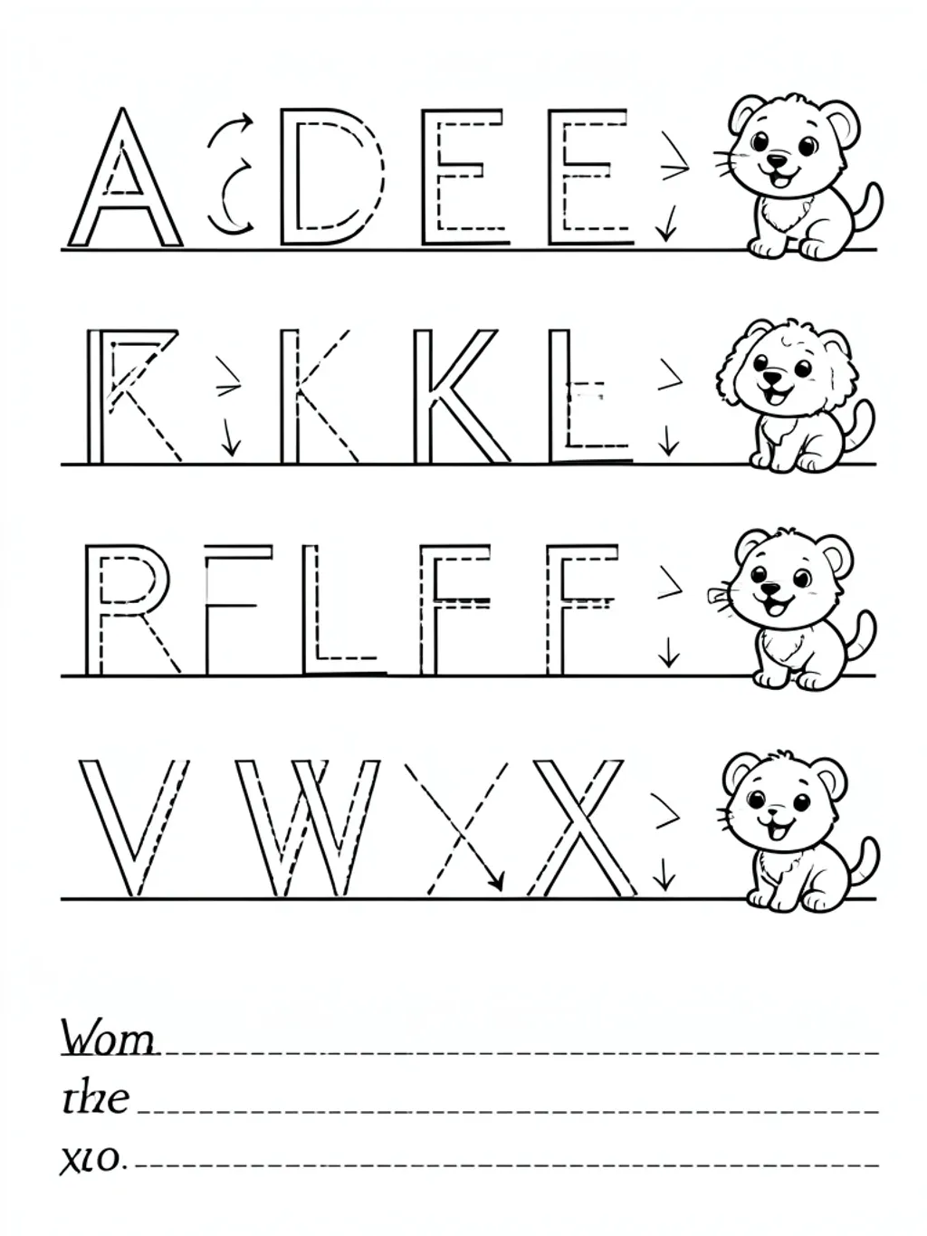 Black-and-white preschool alphabet tracing worksheet with dashed guide letters and small cartoon animal helpers