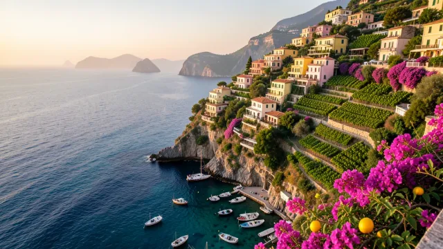 Pastel Amalfi Coast village stacked on a cliff above a turquoise harbour at golden hour with fishing boats