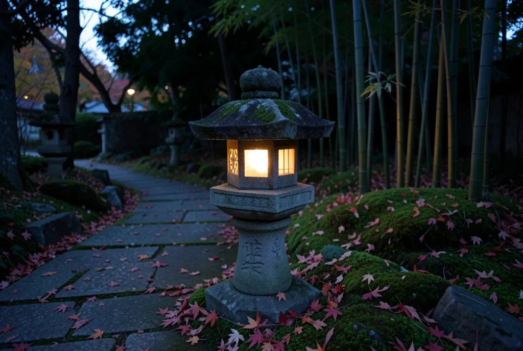 Weathered Japanese stone lantern glowing on a mossy garden path with scattered maple leaves and bamboo