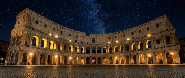 Ancient Roman Colosseum illuminated at night under a starry sky with cobblestone plaza