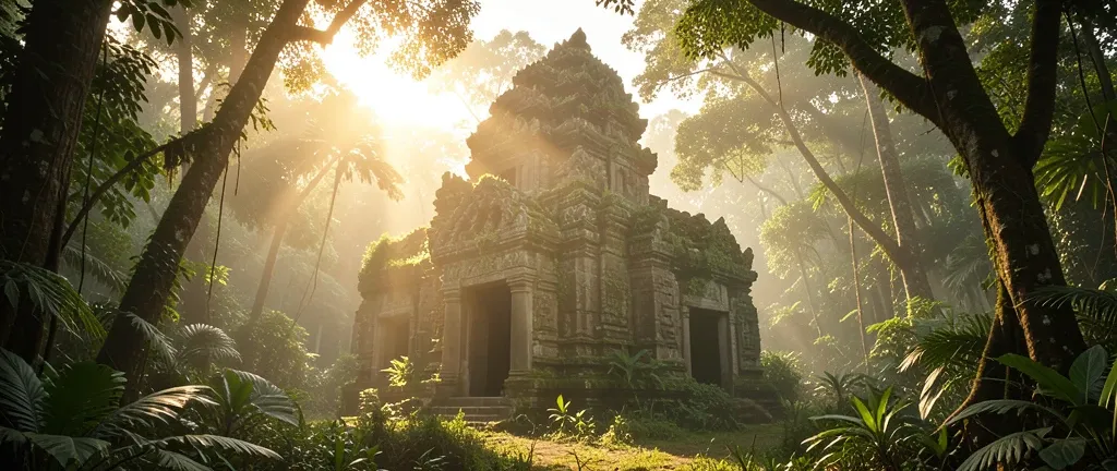 Ancient moss-covered temple partially hidden by dense jungle with golden sunrise light and mist