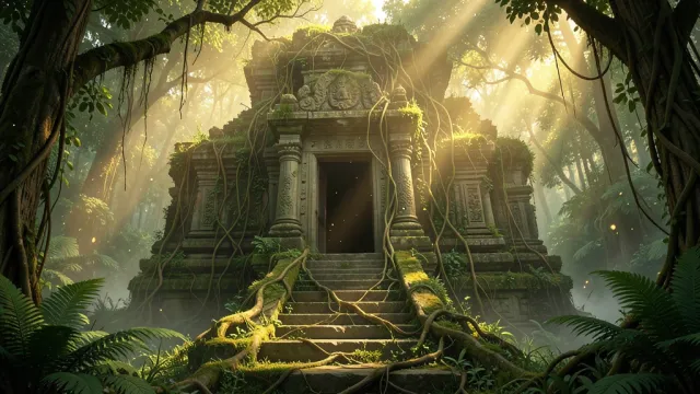 Vine-covered ancient stone temple in dense jungle with golden light shafts filtering through the canopy