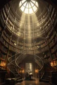 A vast circular wizard library with floating books and light shafts
