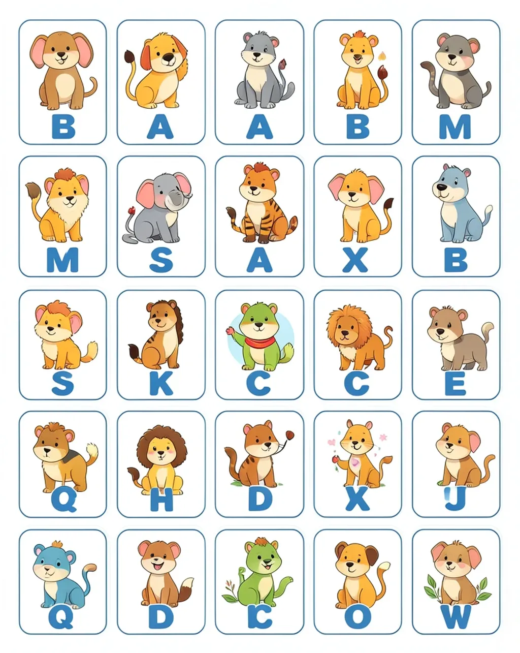 Printable sheet of illustrated animal alphabet flash cards, each cartoon animal set above a bold capital letter