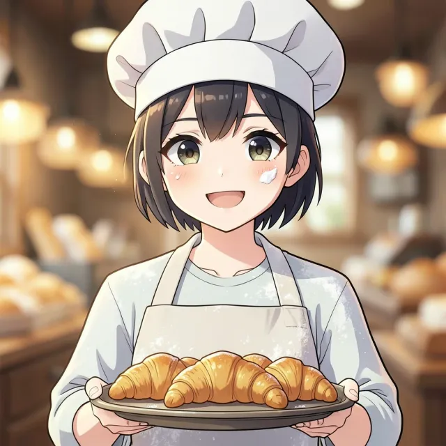Cel-shaded anime baker avatar in a flour-dusted apron holding a tray of croissants in a warm bakery