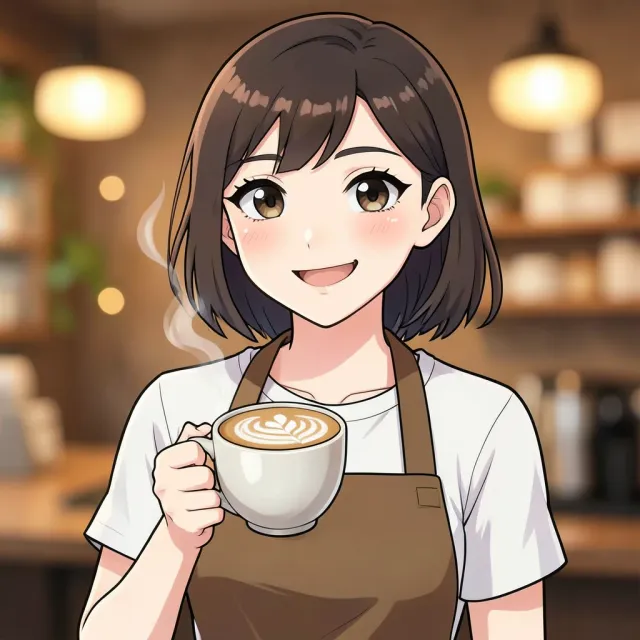 Cel-shaded anime barista avatar in an apron holding a latte-art coffee cup in a cozy warm cafe