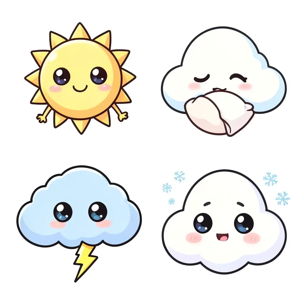 Four chibi anime weather mascots in a 2x2 grid — AI-generated example render