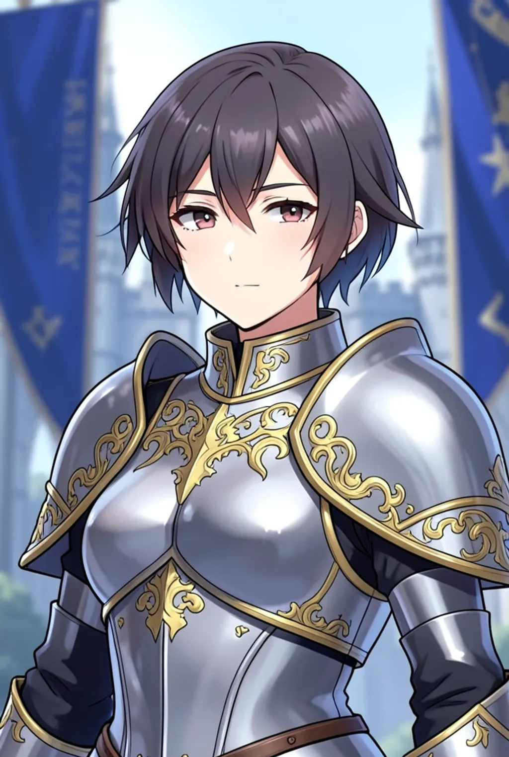 An anime female knight in ornate silver plate armor