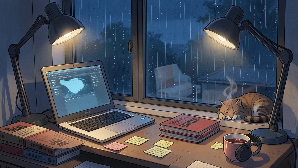 A lofi anime study desk at night with a windowsill cat, Niji render