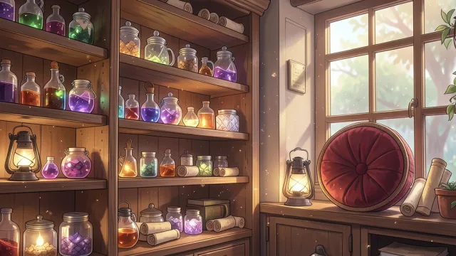 Cozy anime magic shop interior with glowing potions and cluttered wooden shelves