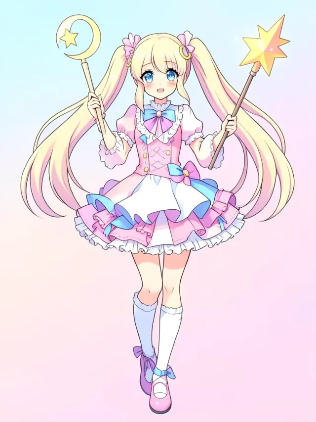 Full-body anime magical girl in a frilly pastel costume holding a star wand against a soft pastel gradient