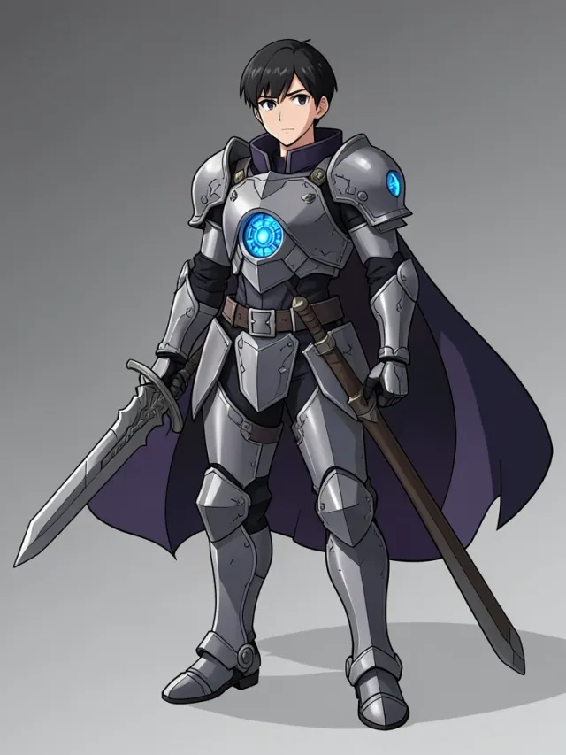 Anime mechanical knight character with glowing armor and a heavy blade