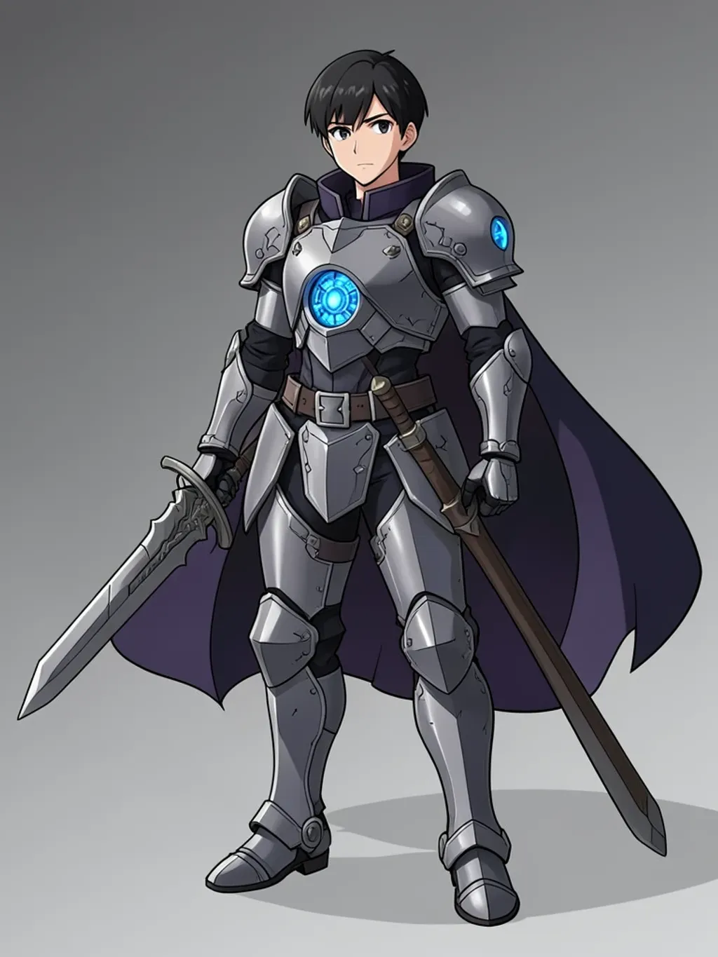 Anime mechanical knight character with glowing armor and a heavy blade