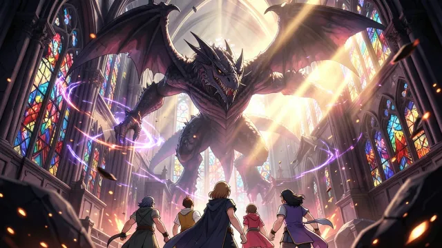 Anime party seen from behind facing a giant dark dragon in a ruined cathedral with glowing magic and god rays