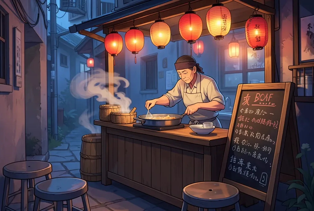A painterly anime night street food stall with steam
