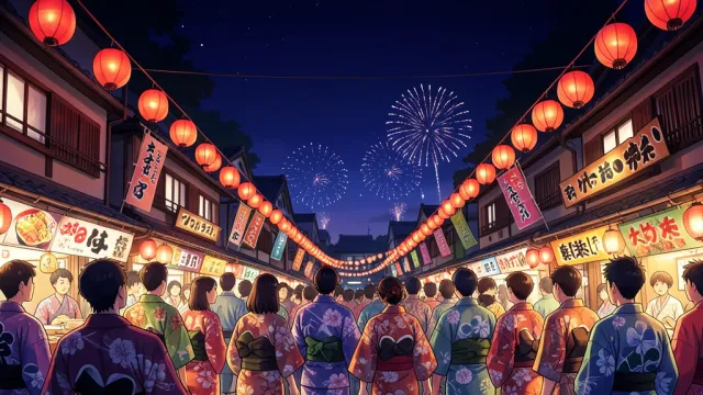 An anime summer festival street with lanterns and fireworks, Niji render