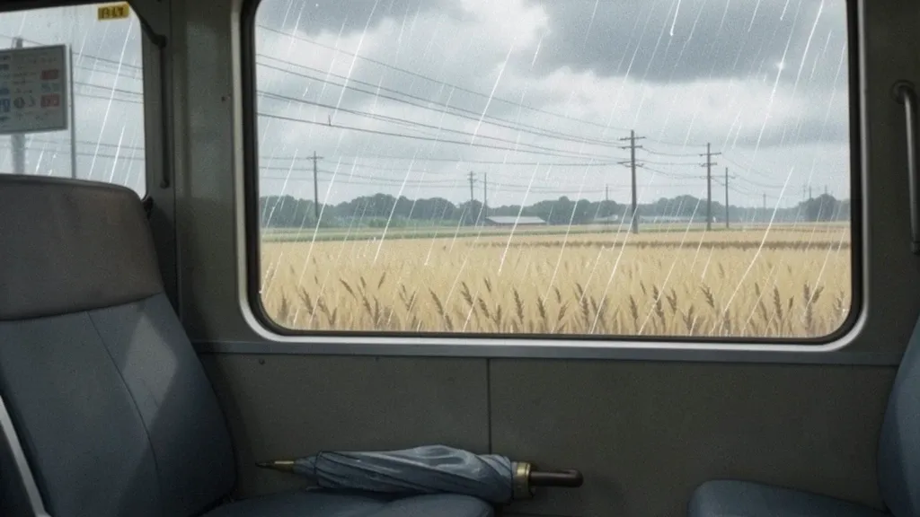 A melancholic anime train window with rain over golden fields, Niji render