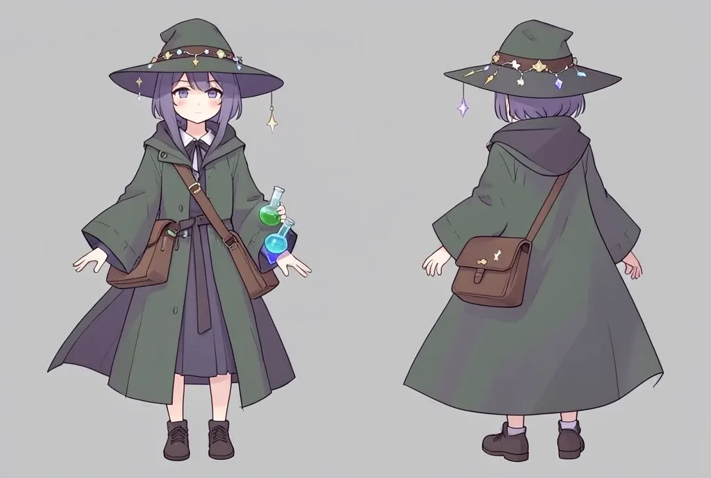 An anime witch character design sheet with turnaround poses