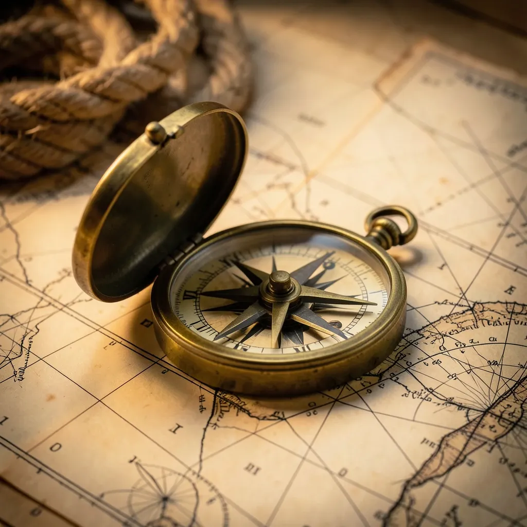Antique brass compass with open lid resting on an old nautical map with coiled rope in warm light