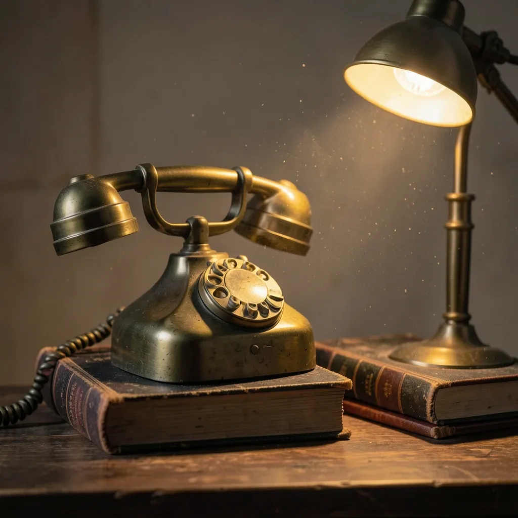 Vintage brass candlestick telephone on a stack of leather-bound books under warm desk lamp light