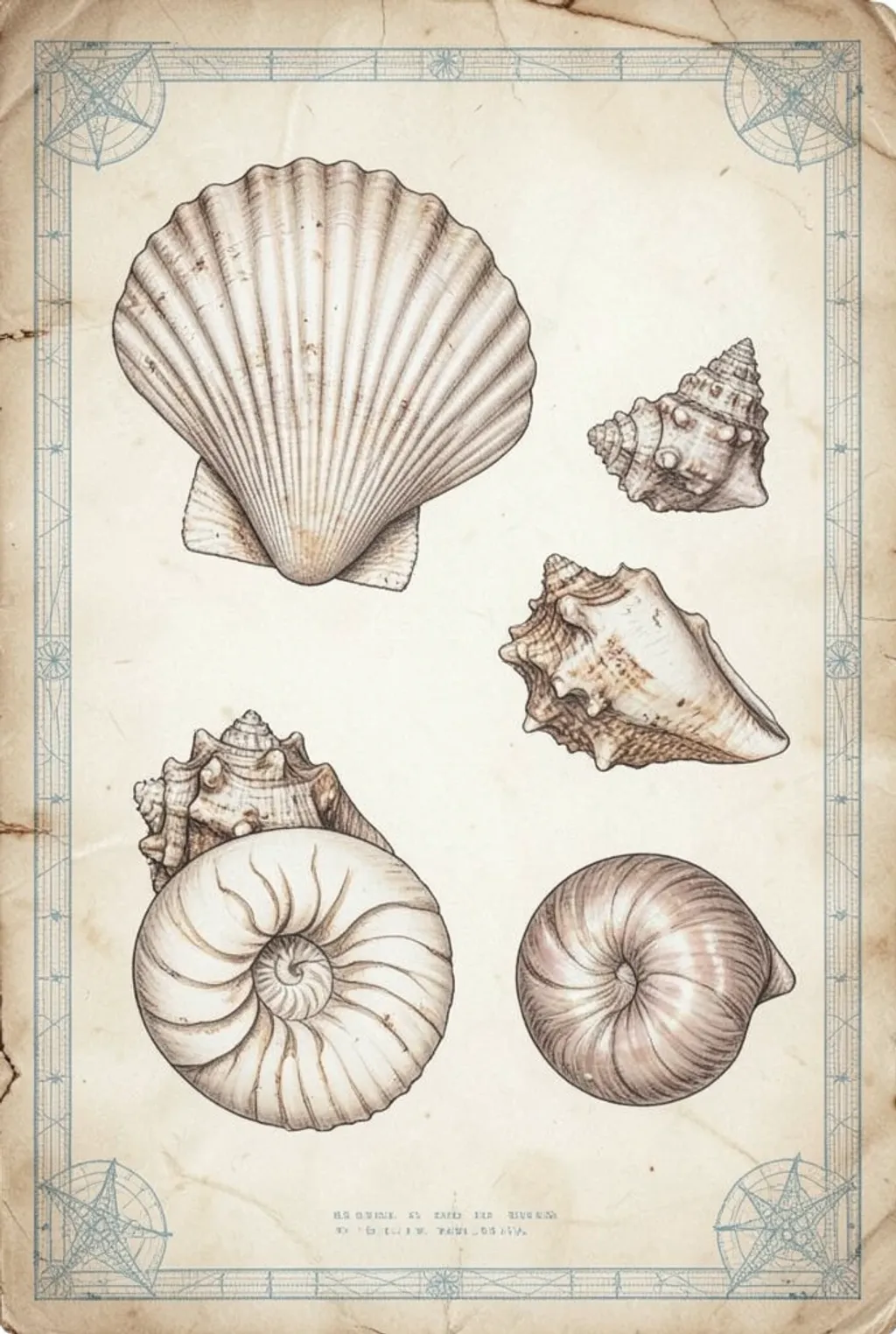 Detailed scallop, nautilus, and conch shells arranged on aged parchment in vintage collector style