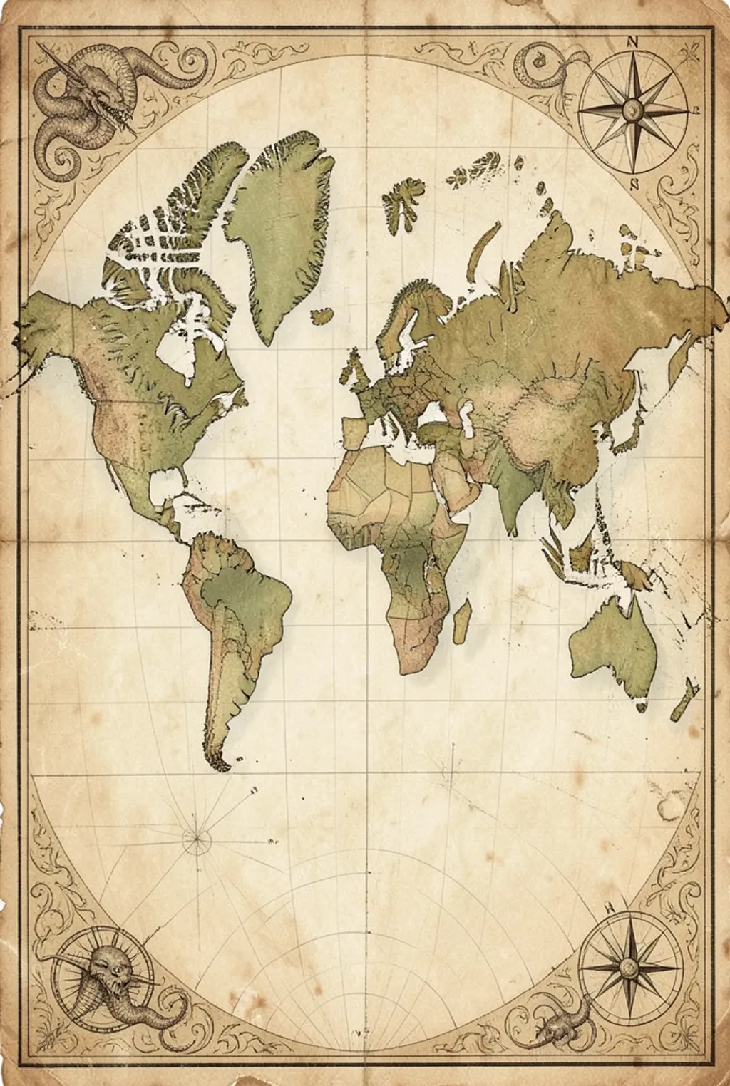 Antique world map print with sepia continents, compass rose, and sea monsters on aged parchment