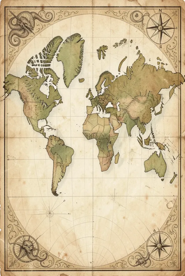 Antique world map print with sepia continents, compass rose, and sea monsters on aged parchment