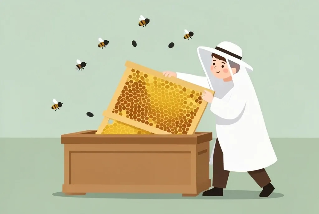 Flat illustration of a veiled beekeeper lifting a honeycomb frame from a hive box