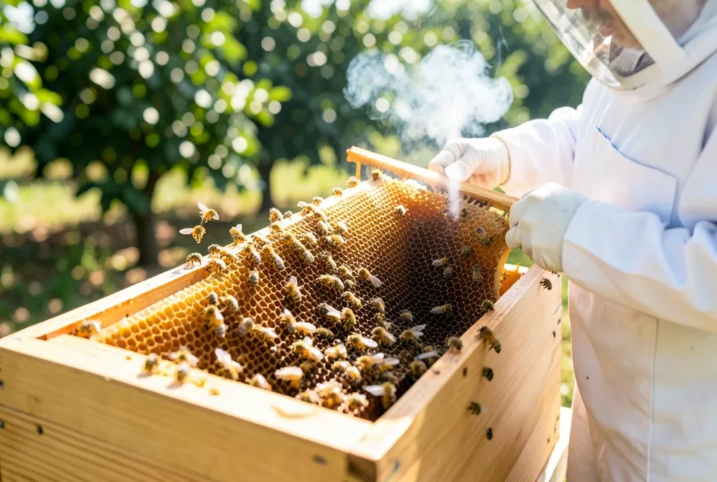 A veiled beekeeper lifting a honeycomb frame from an open hive with bees and a smoker.