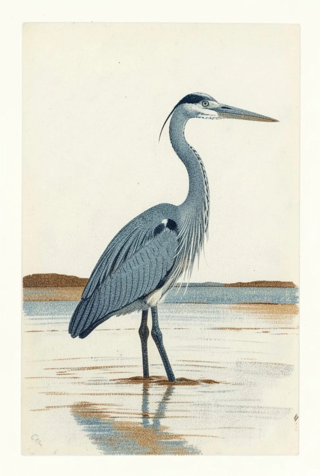 Aquatint print of a grey heron in tidal water with soft granular tone on cream paper