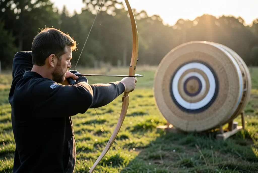 An archer at full draw aiming a recurve bow down a grass lane at a straw target.