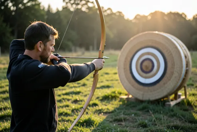 An archer at full draw aiming a recurve bow down a grass lane at a straw target.