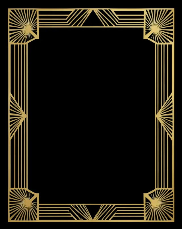 Art Deco anniversary invitation template, symmetrical gold geometric frame and fan-shaped corner ornaments on a black…