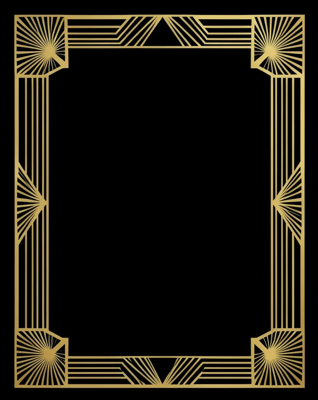 Art Deco anniversary invitation template, symmetrical gold geometric frame and fan-shaped corner ornaments on a black…
