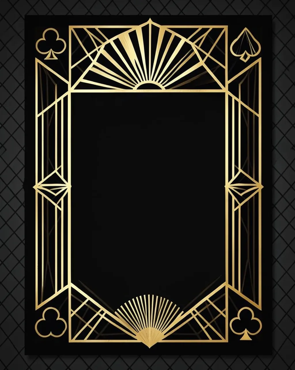 Art deco casino invitation with black and gold geometric border, card-suit corners and a blank center panel