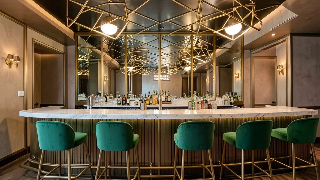Elegant art deco cocktail bar with mirrored back wall, brass rails, emerald velvet stools, and geometric ceiling lights