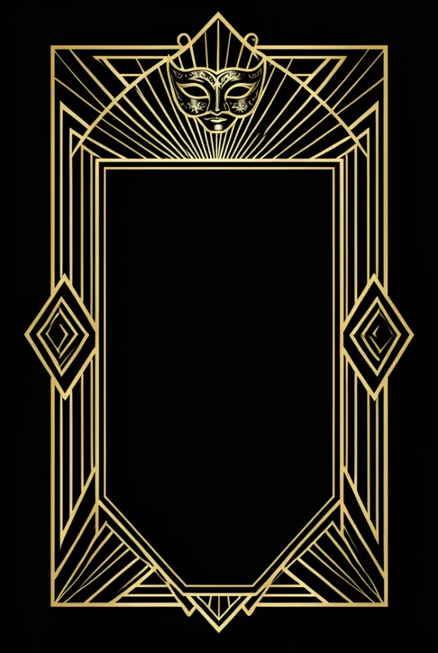 Art Deco gala invitation with an ornate black and gold geometric frame, mask emblem and blank centre panel